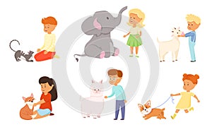 Happy children playing, feeding and petting different animals vector illustration