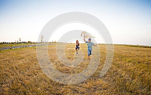 Happy children playing with flying kite on the summer field