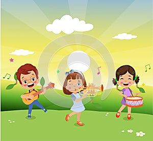 Happy children playing instruments and singing