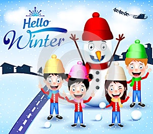 Happy Children Playing Outdoor and Happy Snowman Character With Hello Winter