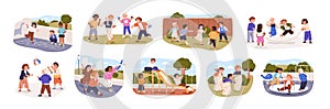 Happy children playing outside. Kids friends, girls and boys during active games, fun, activities, entertainments