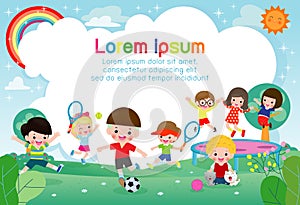 Happy children playing in playground, kids activities on the park, Template for advertising brochure,your text, flat Funny cartoon