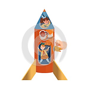 Happy Children Playing with Rocket Peeped Out From Viewing Port and Boarding Big Spaceship Vector Illustration