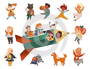 Happy Children Playing with Rocket at Playground Big Vector Set