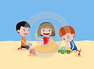 Happy children playing with sand. Building sand castle in the beach or playground.
