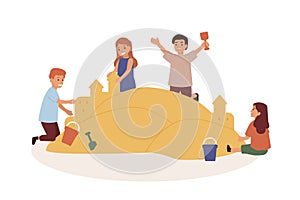 Happy children playing in sandbox flat vector illustration. Kids building sand castles. Preschooler friends cartoon