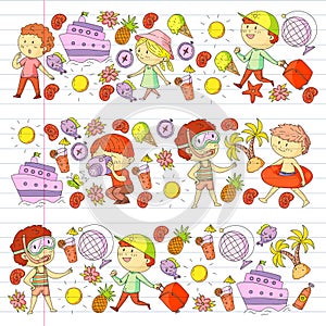 Happy children playing at seashore, beach, sea, ocean. Kids vacation and travelling. Swimming, doodle icons globe