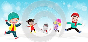 Happy children playing in the snow outdoor in winter fun, merry christmas poster Cartoon characters flat design isolated