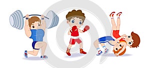 Happy children playing sport game, doing physical exercise. Training set. Active healthy childhood. Flat vector cartoon