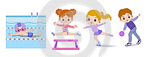 Happy children playing sport game, doing physical exercise. Training set. Active healthy childhood. Flat vector cartoon