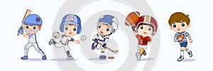 Happy children playing sport game, doing physical exercise. Training set. Active healthy childhood. Flat vector cartoon