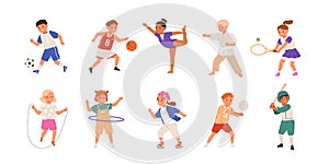 Happy children playing sport game, doing physical exercise. Training set. Football, baseball, tennis, karate. Active