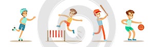 Happy Children Playing Sport Game and Doing Physical Exercise Vector Set