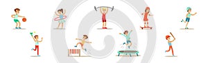 Happy Children Playing Sport Game and Doing Physical Exercise Vector Set