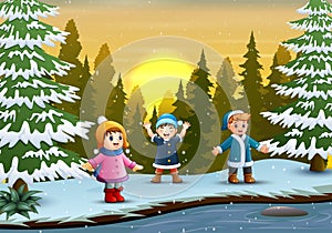 Happy children playing in winter