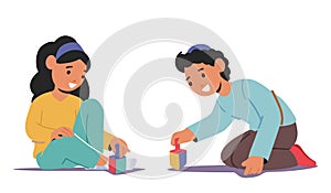 Happy Children Playing With Wooden Dreidels. Little Girl And Boy Sitting On Floor Spinning Toys For Hanukkah Celebration