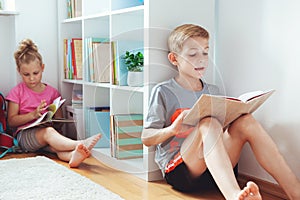 Happy children reading books on the floor at the school library