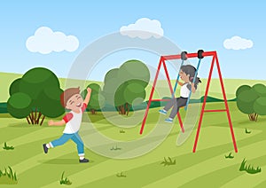 Happy children ride swing, active preschool kids play together in playground summer park