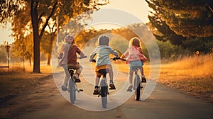 Happy children riding bikes at sunset in the park. Kids having fun outdoors.