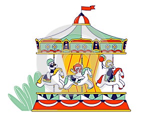 Happy Children Riding Merry-go-round Carousel in Amusement Entertainment Park. Weekend Recreation for Kids