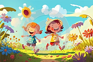 Happy children run on a meadow with flowers, cartoon illustration generated by AI