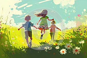 Happy children run on a meadow with flowers in summer, generative AI