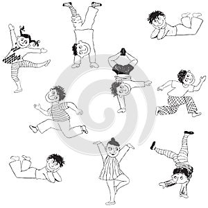 Happy children running and jumping coloring page