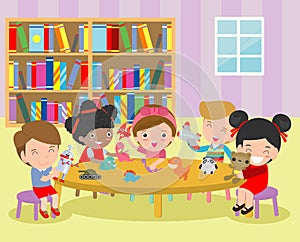 Happy children`s activity in the kindergarten, cute kids with playing toy, Group of happy school child in classroom, education