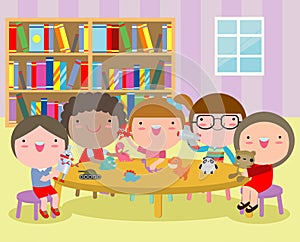 Happy children`s activity in the kindergarten, cute kids with playing toy, Group of happy school child in classroom, education