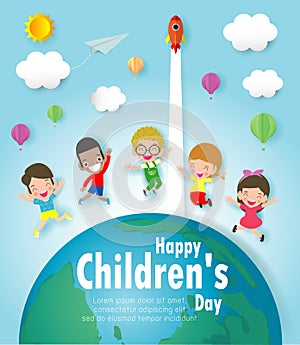 Happy children`s day background, Group of Kids jumping on the Globe, Paper cut and craft style. Paper art style, you text, Origami