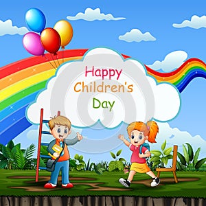 Happy children`s day background poster with happy kids