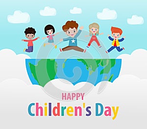 Happy children`s day background poster with happy kids jumping on World in the cloudy sky and rainbow greeting card isolated