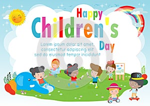 Happy children`s day background poster with happy kids playing in playground  vector illustration