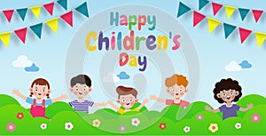 Happy children`s day banner Template background, kids jumping and dancing and playing together, advertising brochure, your text