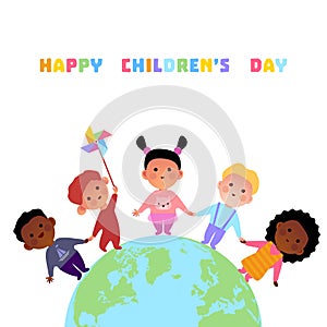 Happy children`s day. Children. Friendship. Globe. Childhood. Children`s rights holiday. Vector illustration