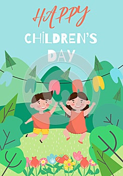 Happy children's day concept. Cartoon illustration with jumping happy smiling boy and girl.