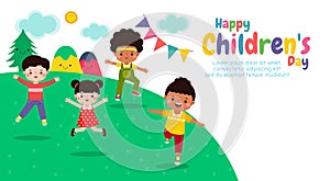 Happy Children\'s Day Concept, It is celebrated annually, wallpaper background poster with happy kids vector illustration photo