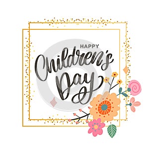Happy children`s day, cute vector greeting card with funny letters in scandinavian style and cartoon landscape