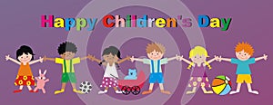 Happy Children`s Day, group of little kids with toys, vector illustration