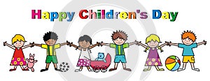 Happy Children`s Day, group of little kids with toys, vector illustration