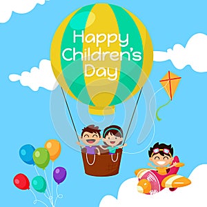 Happy Children`s Day Poster Background vector design template. kid drive a plane with boy and girl in the air balloon flat