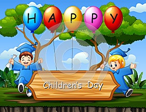 Happy children`s day poster with graduation kids