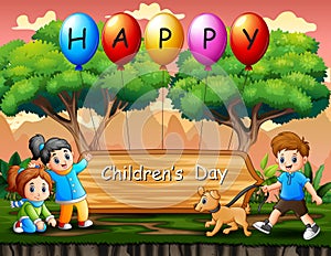 Happy children`s day poster with kids playing in the park