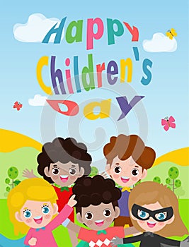 Happy children`s day, Super hero child with costumes, kids activities, children playing in playground, Template for advertising