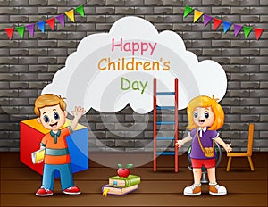 Happy children`s day template with school kids