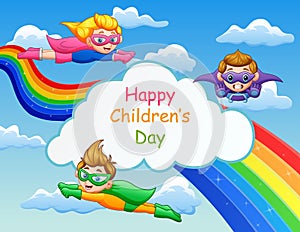 Happy Children`s Day template with superhero kids flying on the sky