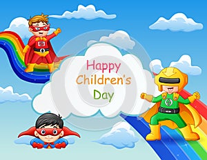 Happy Children`s Day template with superhero kids on the sky