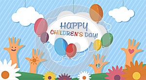 Happy children`s day. Vector cartoon illustration. Web banner template. Selebration, world children day. Colorful background.