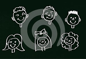 Happy Children's Faces Chalk Drawing on Blackboard
