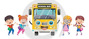 Happy Children And School Bus